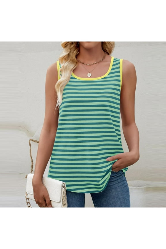 Tank Top for Women Summer Round Neck Sleeveless Tunic Shirts Casual Loose Fits Striped Print Dressy Tees Beach Vacation Clothes, Green L