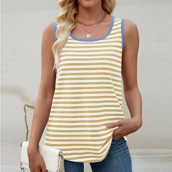 Rciityk Tank Top for Women Summer Round Neck Sleeveless Tunic Shirts Casual Loose Fits Striped Print Dressy Tees Beach Vacation Clothes, Yellow L