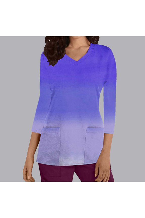 V Neck Scrub Tops for Woman Fashion Gradient Print 3/4 Sleeve Medicals Nursing Shirts with Pockets Blue L