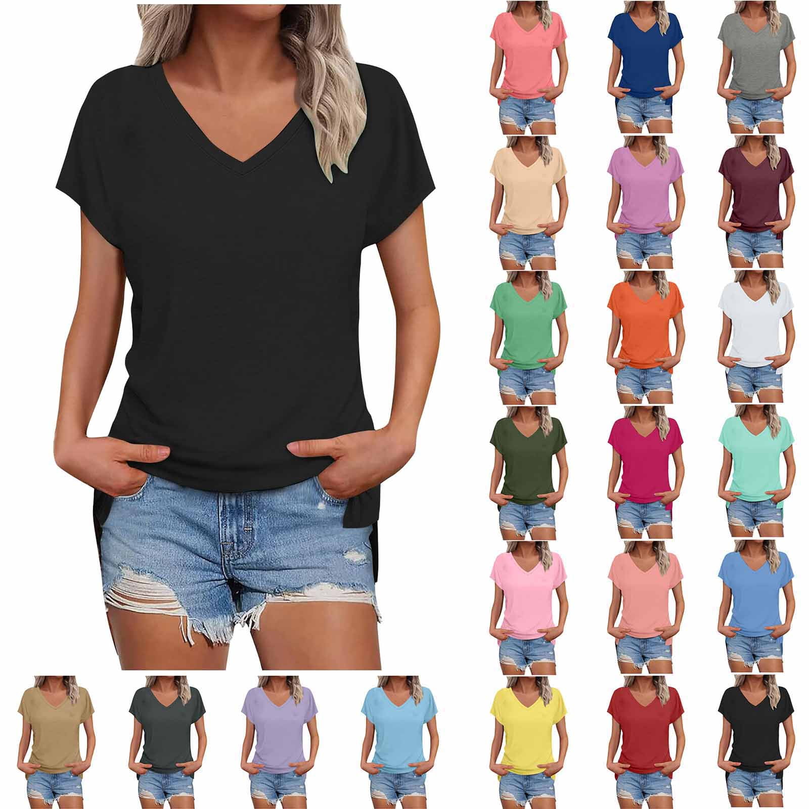 V Neck T Shirts for Women Summer Tops Short Sleeve Shirts Solid Color Casual Loose Classic-Fits Slit Raglan Sleeve T-shirts