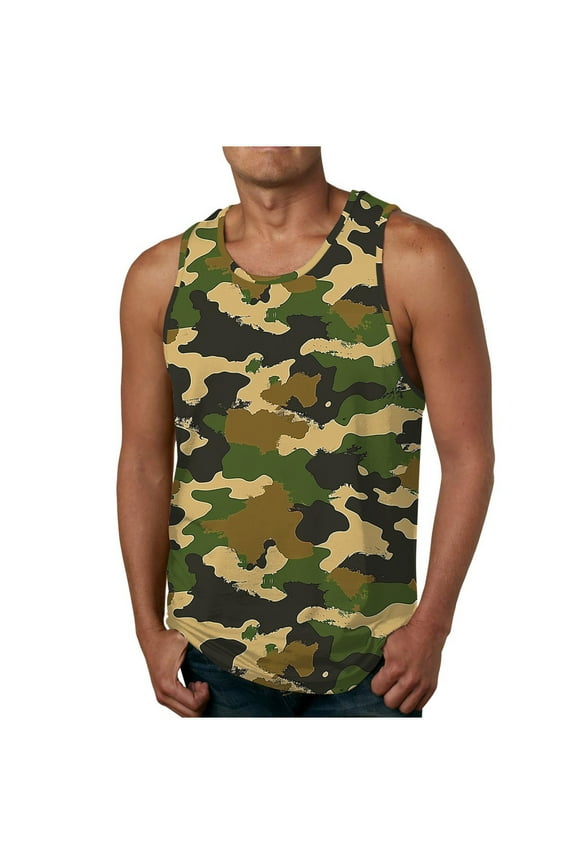 White Men's Sleeveless Tank A-Shirt Summer Workout Athletic Muscle Shirts Casual Camouflage Print Crew Neck Gym Jogging Tank Undershirt