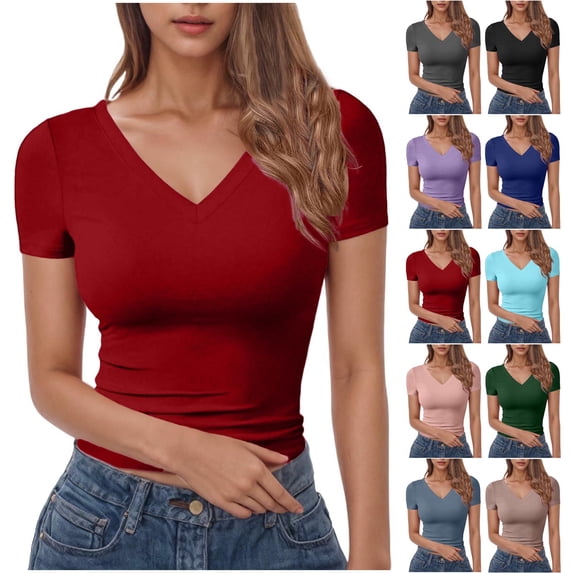 Rciityk Women's T-Shirts Basic V Neck Short Sleeve Shirts Solid Color Slim Fits Crop Tops Summer Casual Going Out Tight Tees
