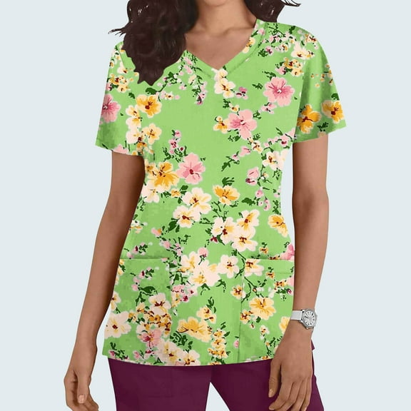 Rciityk Womens Medicals Scrub Tops Casual Floral Print Nursing Uniform T Shirts Summer V Neck Short Sleeve Scrub Work Tops with Pockets