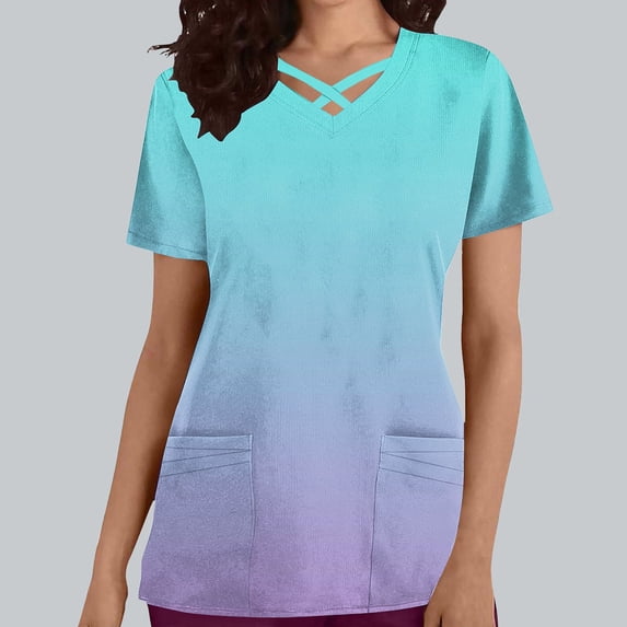 Rciityk Womens Medicals Scrub Tops Casual Gradient Print Nursing Uniform T Shirts Summer V Neck Short Sleeve Scrub Work Tops with Pockets