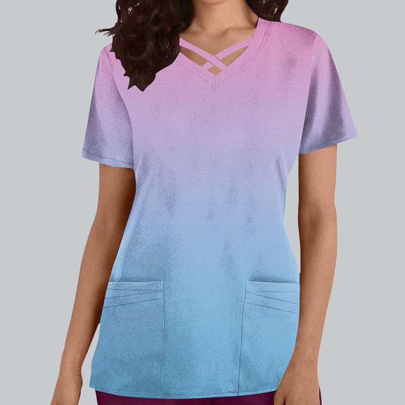Rciityk Womens Nursing Scrub Tops Gradient Printed Working Uniform Short Sleeve V Neck Workwear Blouse T-shirt with Pockets