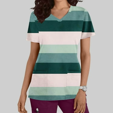 Summer Savings ! Rciityk Womens Nursing Scrub Tops Stripe Printed Working Uniform Short Sleeve V Neck Workwear Blouse T-shirt with Pockets - Spring/Summer Savings Clearance