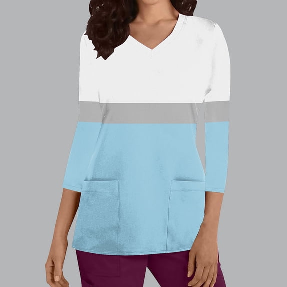 Rciityk Womens Scrub Tops Fashion Color Blocking Print Nursing Uniform Stretch V Neck 3/4 Sleeve Workwear Medicals with Pockets
