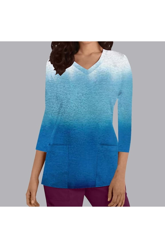 Womens Scrub Tops Fashion Gradient Print Nursing Uniform Stretch V Neck 3/4 Sleeve Workwear Medicals with Pockets