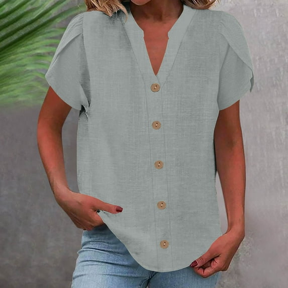 Summer Savings ! Rciityk Womens Summer Tops Solid Color Button Up Short Sleeve Shirts Casual Loose V Neck Ruffle Sleeve T Shirts