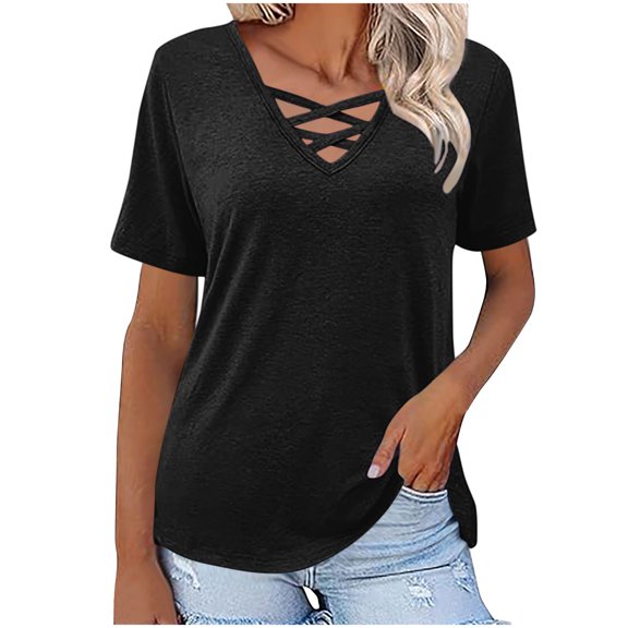 Rciityk Womens Tops Short Sleeve Shirts V Neck T Shirts Casual Loose Solid Color Tunic Blouses Summer Criss Cross Tees