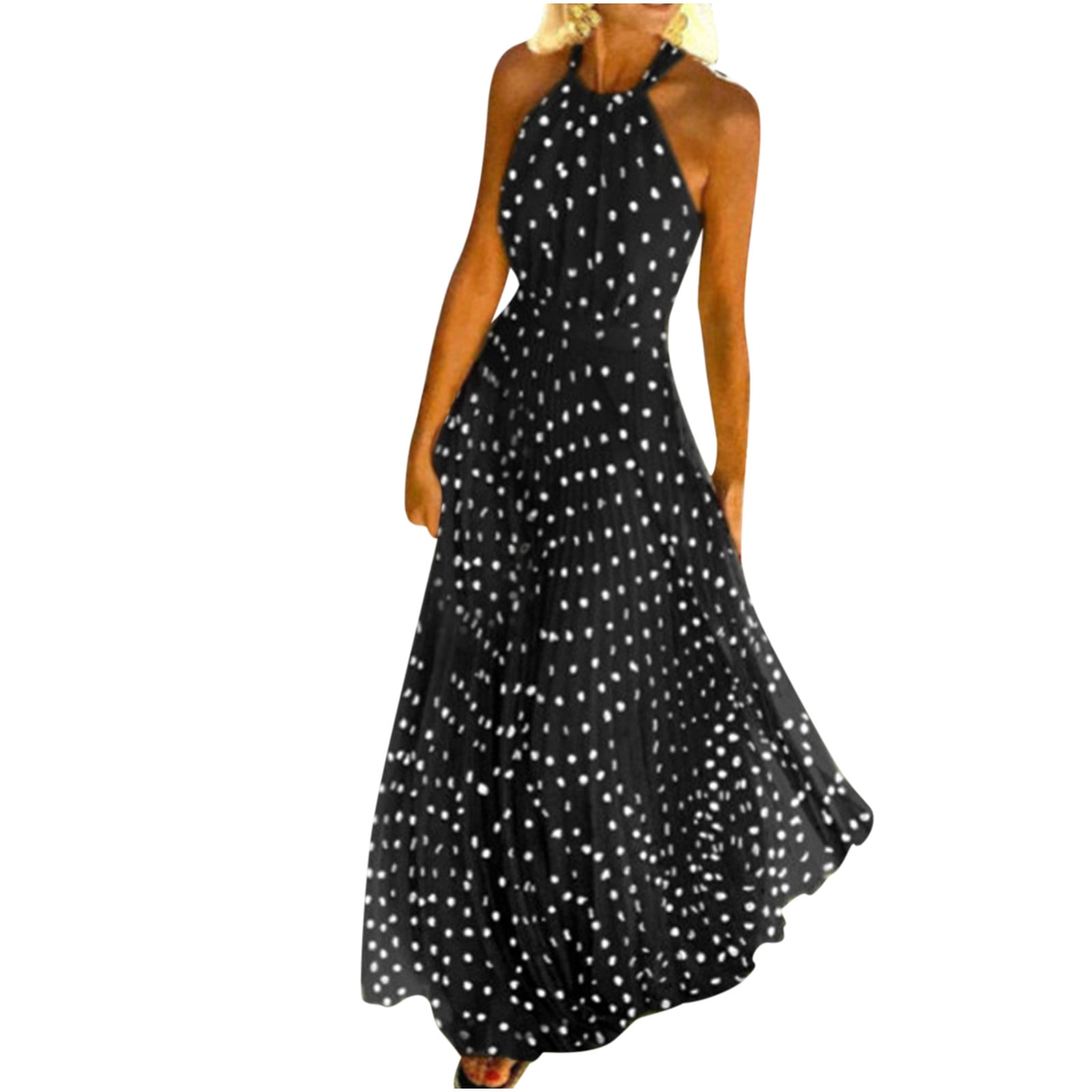 Summer Stylish SMihono Women's Halter Neck Polka Dot Print Pleated Maxi  Dress Sleeveless Round-Neck Dress Black 6 - Walmart.com
