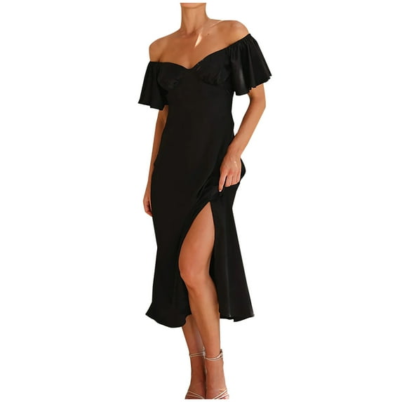 Summer Trendy SMihono Women's Off Shoulder Ruffle Sleeve Satin Silk Maxi Dress Casual Loose Party Dresses Short Sleeve Round-Neck Ankle Dress Black 6