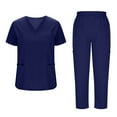 thumbnail image 1 of Scrubs for Women Set Horkkom V Neck Short Sleeve Tops Elastic Waist Long Pants Nurse Scrubs Solid Color Uniforms Set with Pockets Blue M, 1 of 7