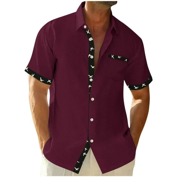 Shirts for Men 2025 Plus Size Fashion Casual Color Blocked Turndown Collar Button Short Sleeved Shirt