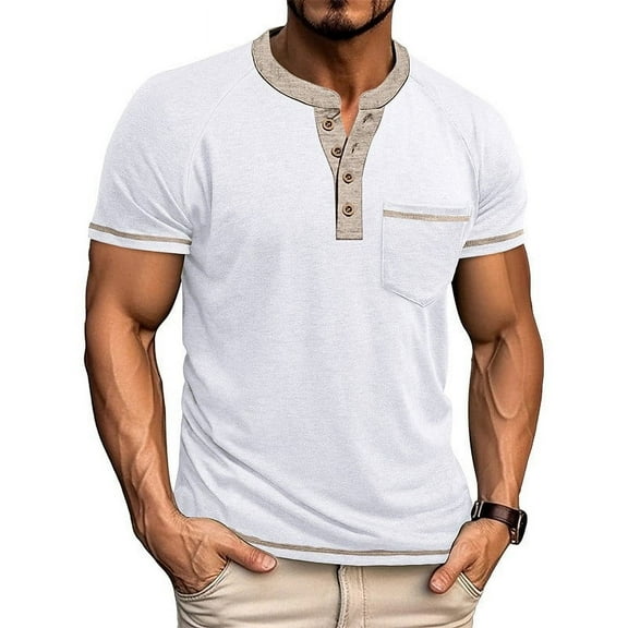Shirts for Men 2025 Plus Size Fashion Casual Solid-Color Button Pocket Raglan-Sleeve Short Sleeve Turndown Collar Blouses Shirt