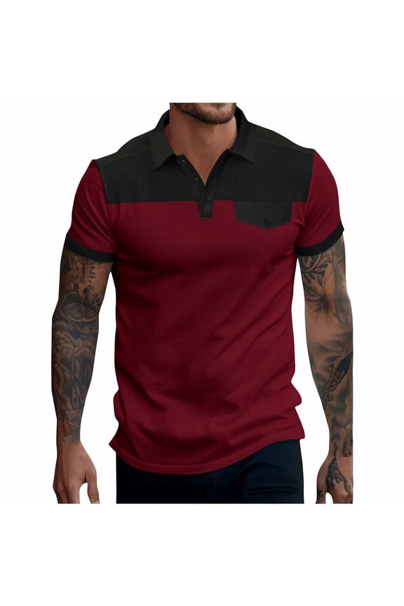 Shirts for Men 2025 Plus Size Fashion Leisure Button Mock Pocket Color Blocking Flip Collar Short Sleeve