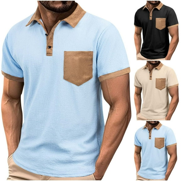 Shirts for Men 2025 Plus Size Fashion Leisure Solid Color Pocket Button T-shirt Lapel Versatile Top