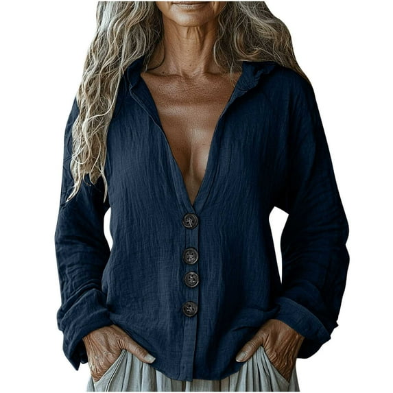 Shirts for Womens Dressy Casual Plus Size V-Neck Long Sleeve Loose Button Imitation Cotton And Linen Tunic Hooded Shirt Blouse