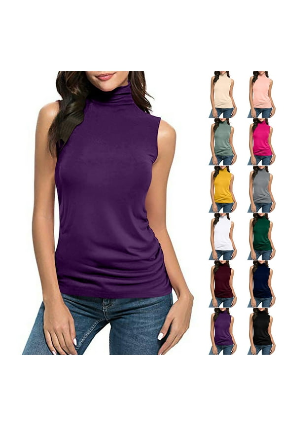 Sleeveless Turtlenecks for Women Horkkom Solid Color Mock Turtleneck Tank Top Pullover Lightweight Turtle Necks Tops Purple S