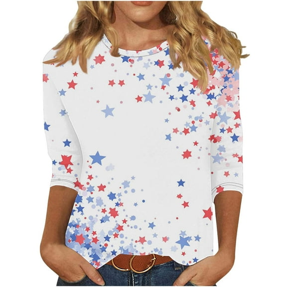Summer Spring 3/4 Sleeve Tops For Women 4Th Of July Patriotic Shirts American Flag Printed Tunic Tops Round Neck T Shirt Usa Flag Star Tees Pullover Sweater Blouses Workout Tunics
