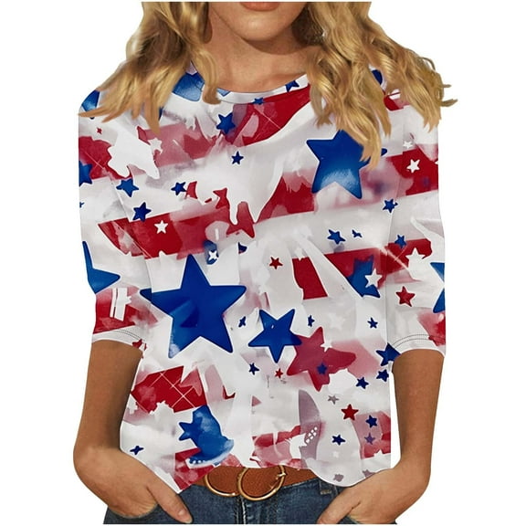 Summer Spring 3/4 Sleeve Tops For Women 4Th Of July Patriotic Shirts American Flag Printed Tunic Tops Round Neck T Shirt Usa Flag Star Tees Pullover Sweater Blouses Workout Tunics