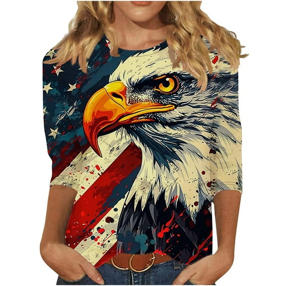 Summer Spring 3/4 Sleeve Tops For Women 4Th Of July Patriotic Shirts American Flag Printed Tunic Tops Round Neck T Shirt Usa Flag Star Tees Pullover Sweater Blouses Workout Tunics