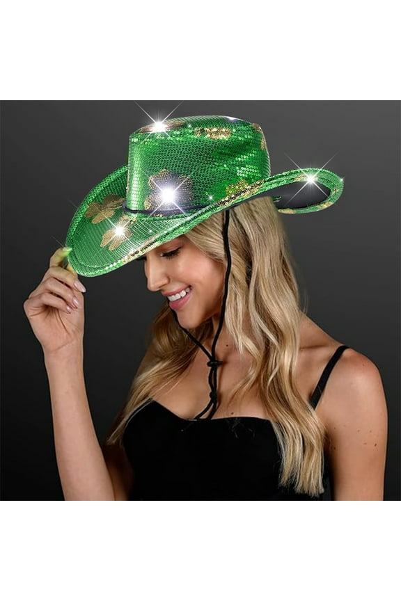 Summer St.Patricks Day Hats with Light,Green Sequin Hat for Women,Shamrock Green Sequin Light Up Cowboy Hat,Velvet Sequin Cowgirl Hat,St.Patricks Day Party Cowgirl Costume Accessories