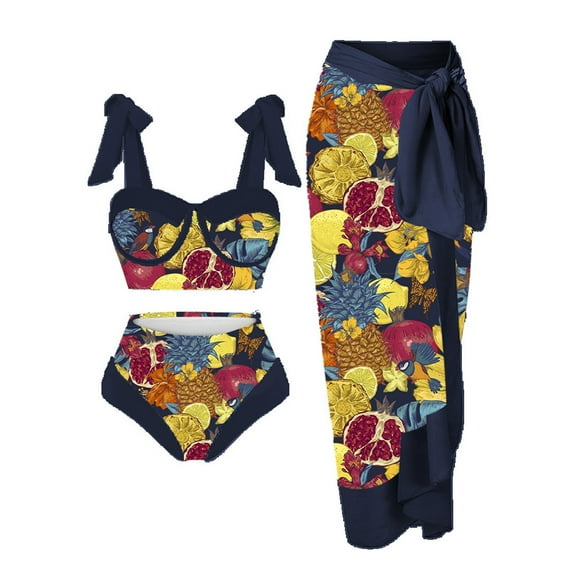 Stamzod 3 Piece Women Bathing Suit Beach Cover Up Wrap Skirt Vintage Print Bikini Swimsuit Oversize Push-Up Bandage Swimwear