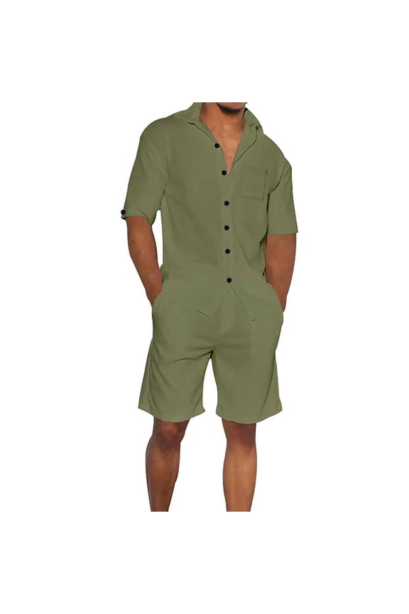 Men Casual Short Sets Short Sleeve Button Down Shirt Elastic Waist Shorts 2 Piece Tracksuit Solid Cardigan Business Sets