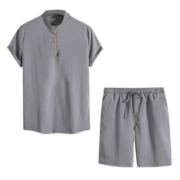 Stamzod Men Short Sets Outfits 2 Piece Quarter Button Up Short Sleeve Shirt and Drawstring Shorts Summer Casual Sets Plus Size Cotton Tracksuit