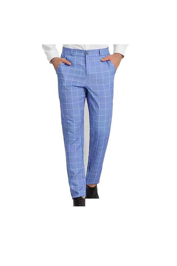 Men's Oversize Dress Pants Slim Stretch Plaid Skinny Business Pants Button Casual Trousers with Pocket