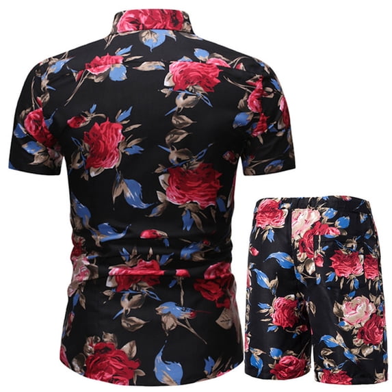 Stamzod Men's Suits Mens Luxury Outfit Set Short Sleeve Shirts and Shorts 2 Piece Chain Print Set Slim Button Down Hawaiian Shirt Suits