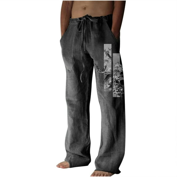 Summer Savings! Stamzod Mens Cotton Linen Pants Vintage Print Yoga Beach Loose Fitting Casual Summer Elastic Waist Drawstring Baggy Trousers With Pockets On Clearance