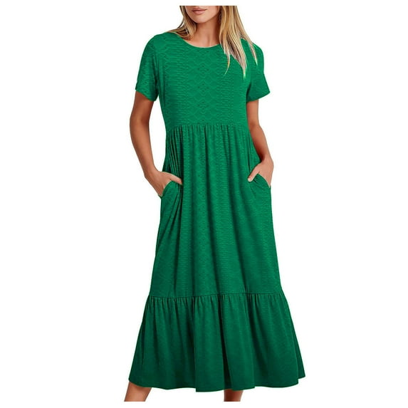 Stamzod Summer Dresses for Women 2025 Short Sleeve Ruffle Hem Flowy Maxi Tank Dress Solid Color Beach Dresses Women with Pocket