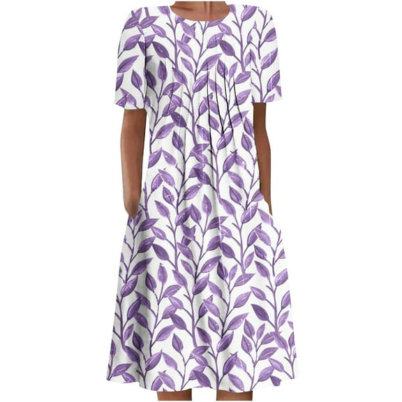 Stamzod Women Summer Dresses Short Sleeve Casual Loose Midi Dress Ditsy Floral Print Beach Swings Midi Sundress with Pockets