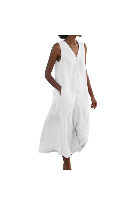 Women's 2025 Casual Loose Plain Sundress Button Down Sleeveless Tank Dress Ruffle Flowy Summer Beach Midi Dresses with Pockets