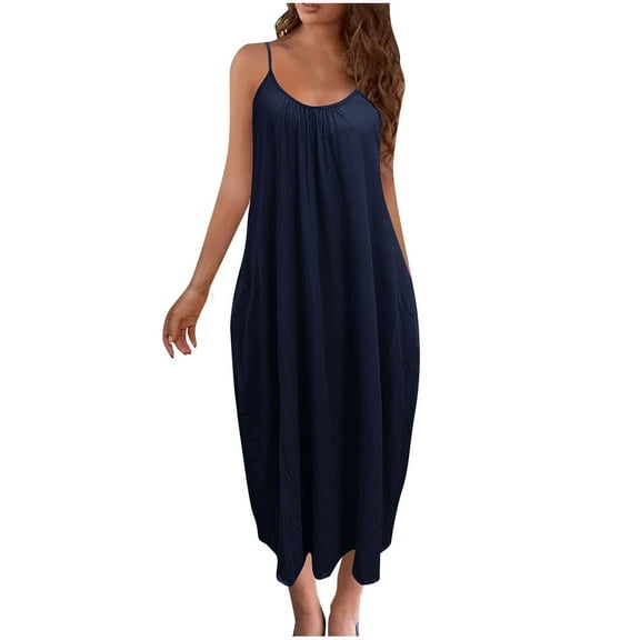 Stamzod Women's Dress Pleated Flowy Cami Dresses Summer Maxi Dress U Neck Solid Color Casual Beach Dresses 2024 Vacation Outfits for Women