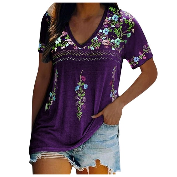 Stamzod Womens Ethnic Style Graphic T-Shirts Vintage Trendy Deep V Neck Clothes Short Sleeve Tunic Casual Tee Tops