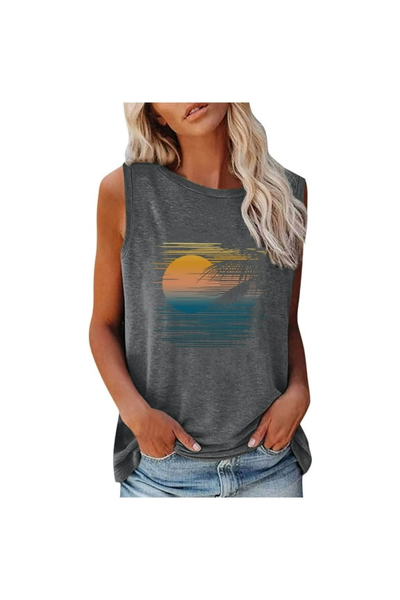 Womens Tank Tops Beach Graphic Tank Vests Sleeveless Loose Fashion Printed Casual Summer Hawaiian Vacation Shirts