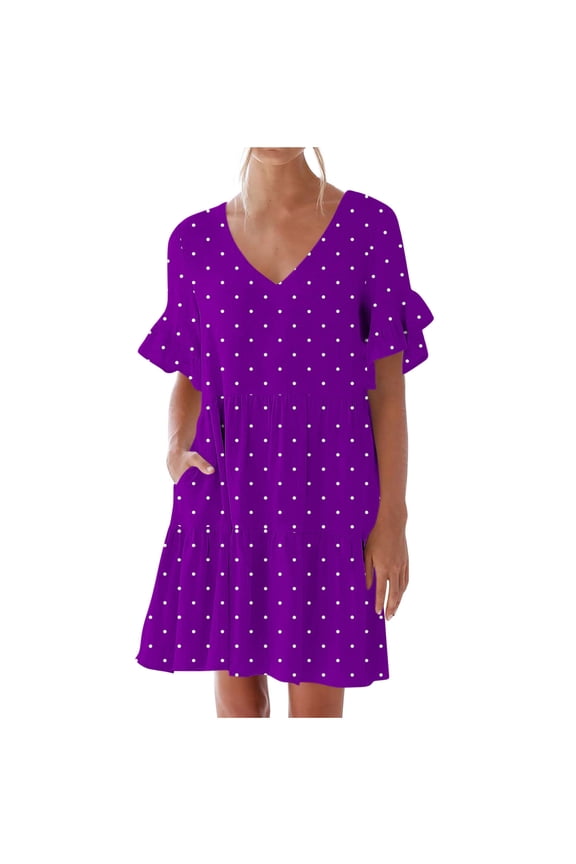 Women Casual Summer Dresses Dress Sweet Cute V-Neck Dress Pocket Short Sleevele Ruffle Dress