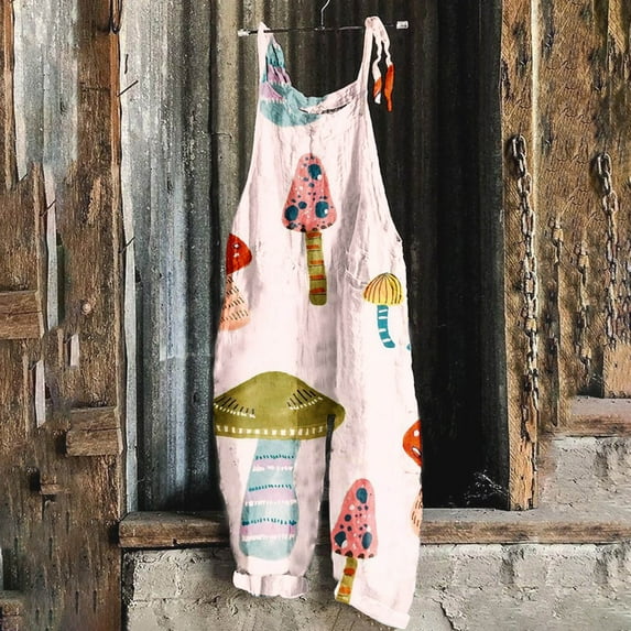 Summer Mushroom Jumper for Women,Womens Backless Boho Overalls Jumpsuits,Womens Mushroom Print Romper Sleeveless Shoulder Knotted Sling Strap Wide Leg Rompers Loose Mushroom Pants