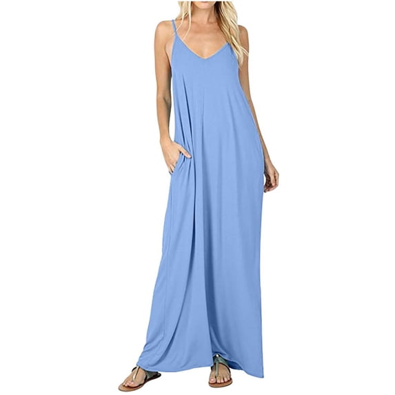 Summer Savings! Sundress Dresses for Women Women's Summer Dress Casual Sleeveless V-Neck Strappy Loose Dress Beach Long Solid Color Dresses With Pocket Light Blue XL