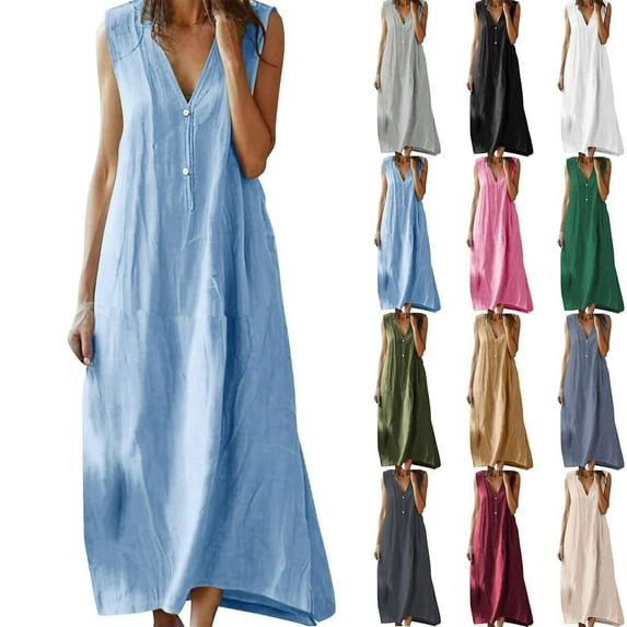 Summer Sundresses for Women Trendy 2026 Casual Short Sleeve Crewneck Casual Flowy Tiered Maxi Beach Dress With Pockets