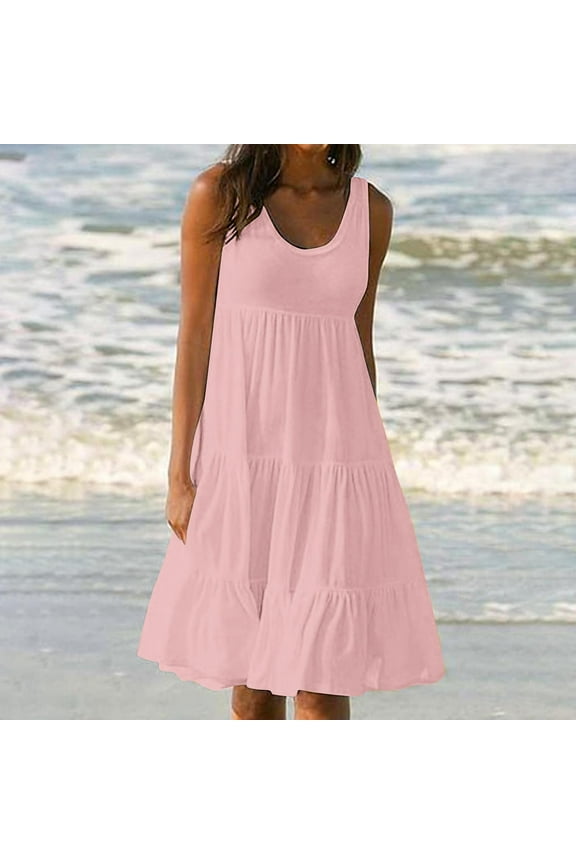Sundresses for Women, Womens Fashion Holiday Summer Solid Color Sleeveless Party Beach Dress Pink S