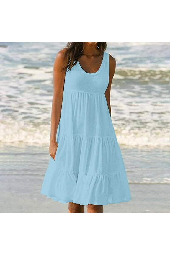 Sundresses for Women, Womens Summer Round Neck Print Sleeveless Beach Dress Sky Blue S