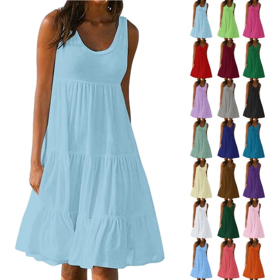 Sundresses for Women, Womens Summer Round Neck Print Sleeveless Beach Dress Sky Blue S