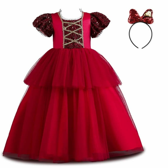 Summer Savings! TAGOLD Children Baby Girls Middle-aged Children's Puff Sleeve Sequin Gauze Dress Princess Dress Red 11-12 Years
