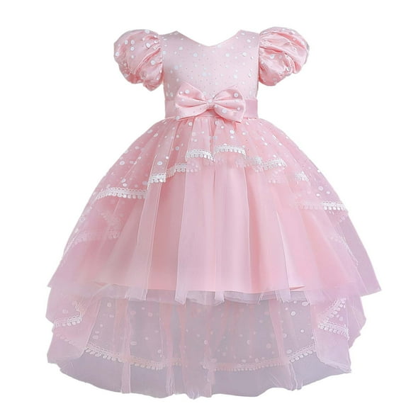 TAGOLD Children Dress Girls Sleeveless Princess Dress Bow Tie Lace Flowers Mesh Dress Tufted Dress Pink 11-12 Years