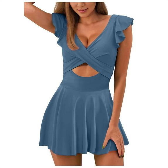 Summer Savings! TAGOLD Plus Size Summer Swimsuit for Women,Women's Swimsuit Ruffle Cutout Swimdress V Neck Wrap Swimwear