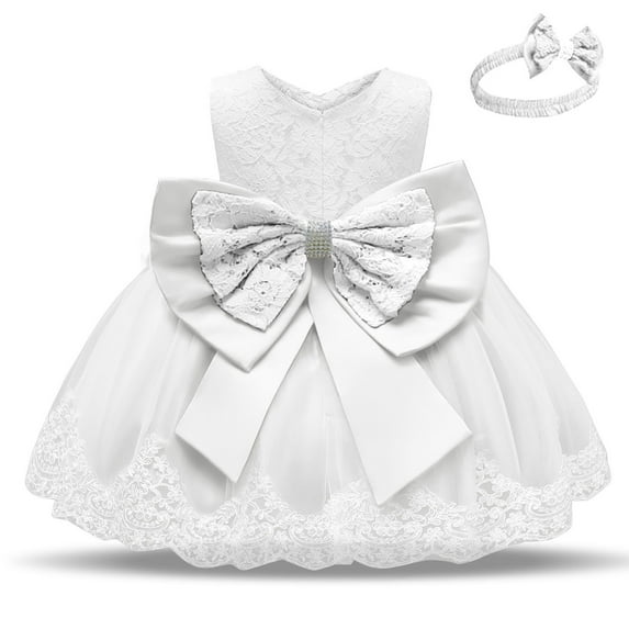 Summer Savings! TAGOLD Toddler Baby Girls Dress Lace Bowknot Birthday Party Wedding Gown Kids Dresses White 6-12 Months